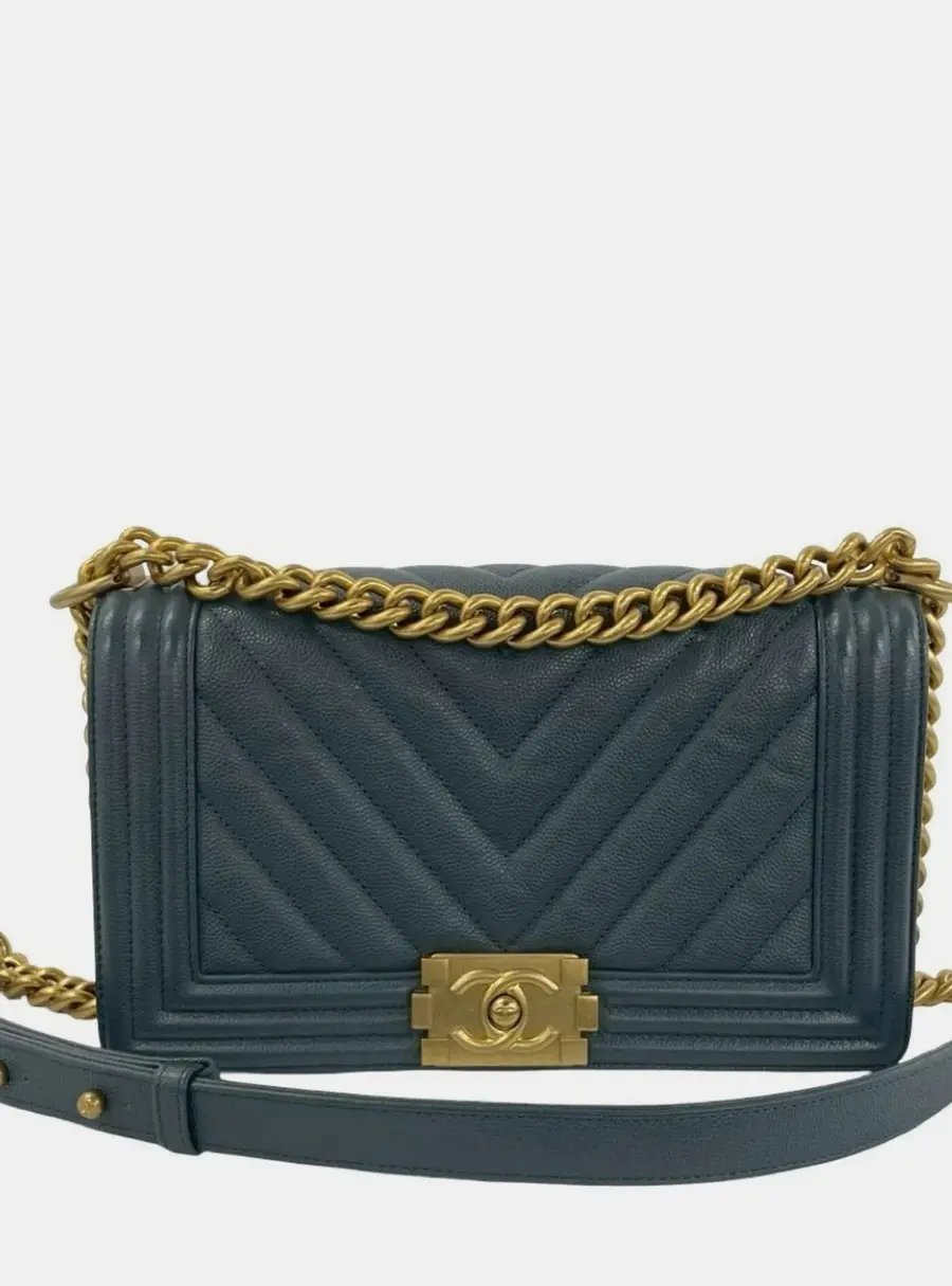 Chanel Boy Medium Blue Grained Calfskin Leather Shoulder Bag