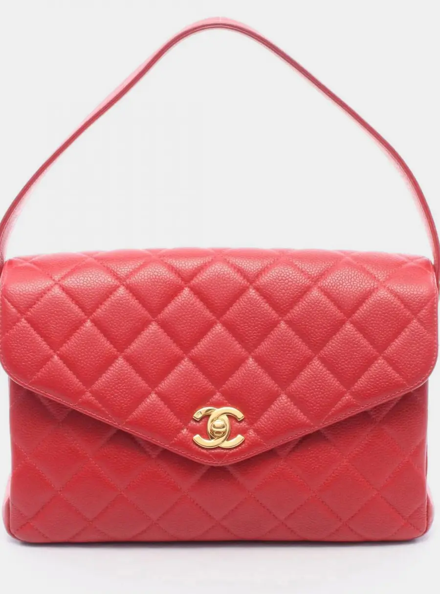 Chanel Vintage V -Flap Red Caviar Grained Calfskin Leather Top Handle Bag