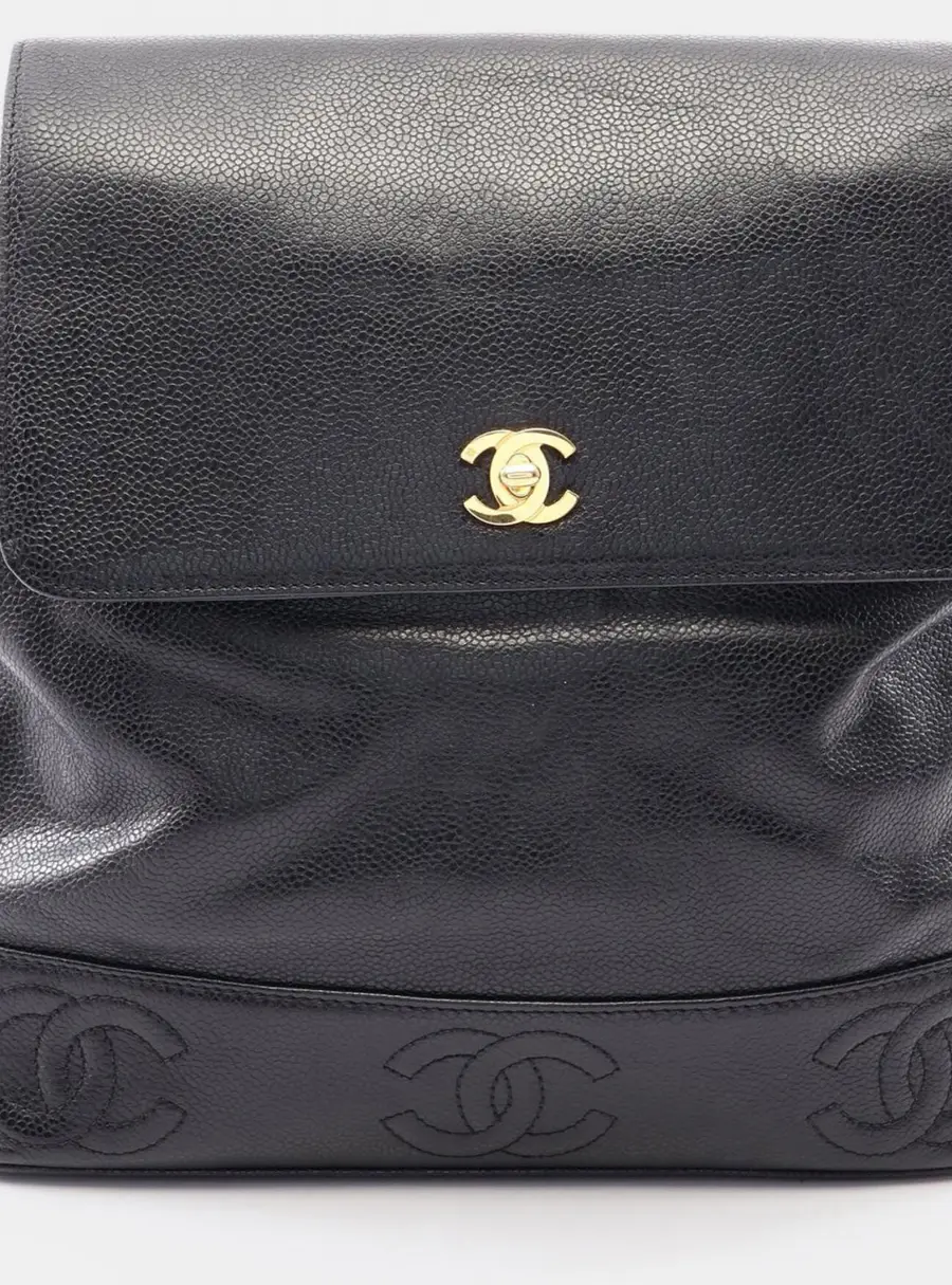 Chanel Triple Coco Mark Black Grained Calfskin Leather Backpack Bag