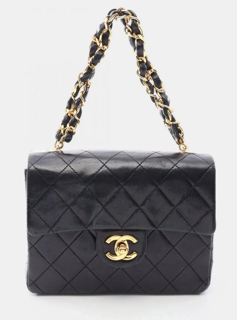 Chanel Vintage Mini Square Classic Flap Black Lambskin Leather Shoulder Bag