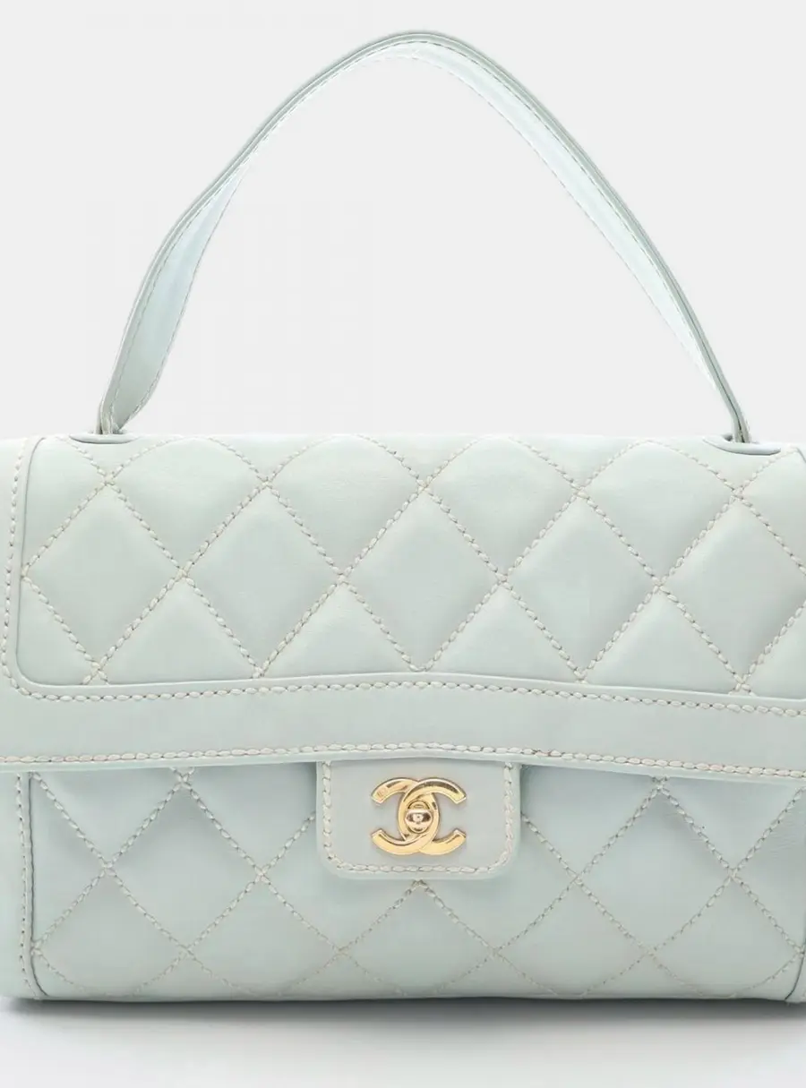 Chanel Wild Stitch Medium Light Blue Calfskin Leather Top Handle Flap Bag