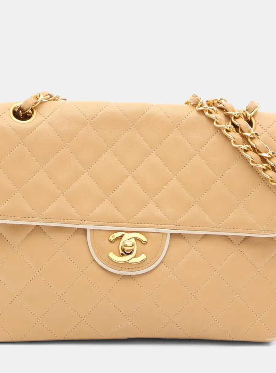 Chanel Classic Single Flap Medium Beige White Lambskin Leather Shoulder Bag