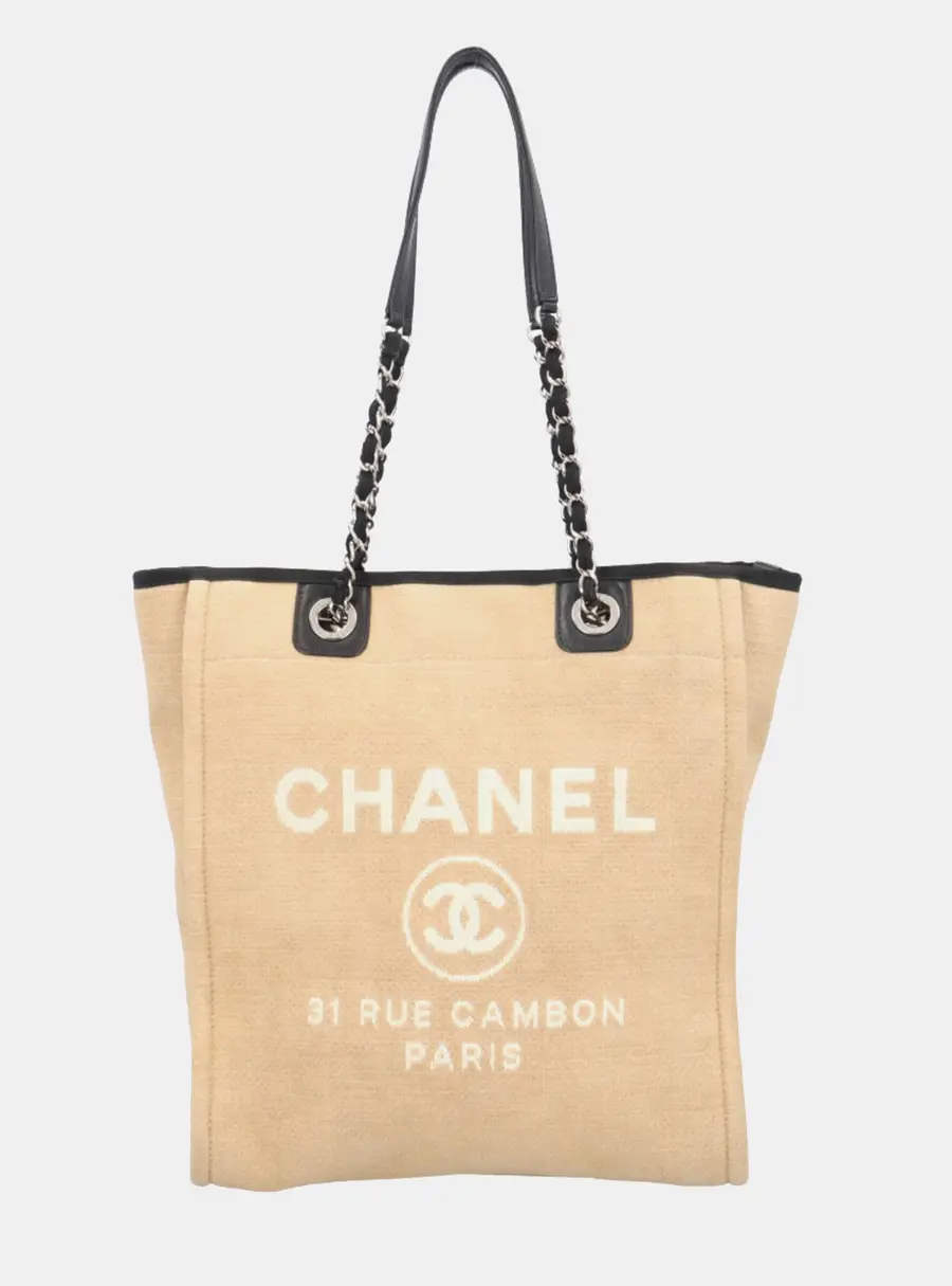 Chanel Deauville PM Beige Canvas Shoulder Tote Bag