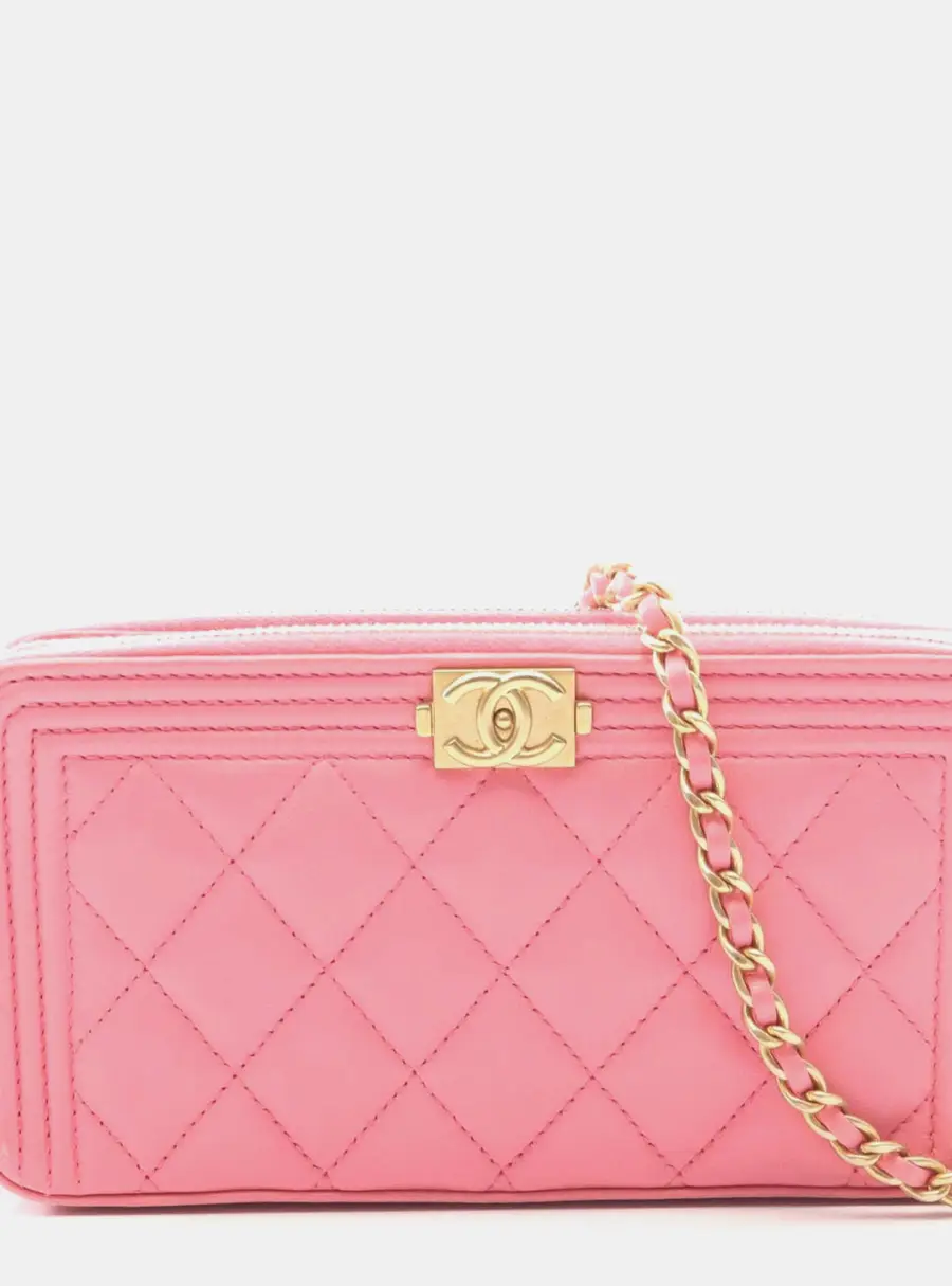 Chanel Boy Double Zip Pink Lambskin Leather Wallet On Chain Bag