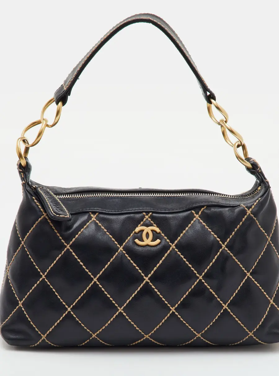 Chanel Surpique CC Black Quilted Leather Shoulder Bag