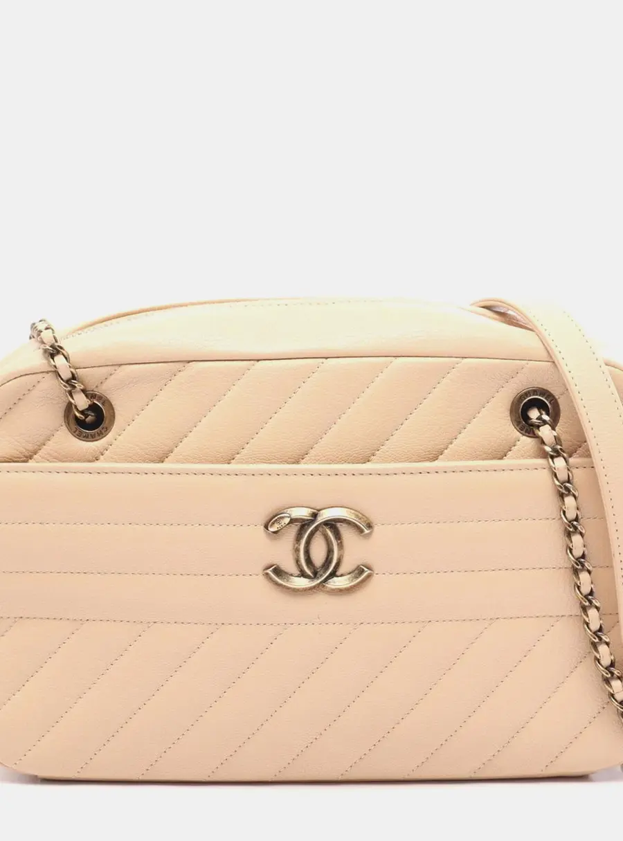 Chanel Bias Stitch Medium Beige Grained Calfskin Leather Shoulder Bag