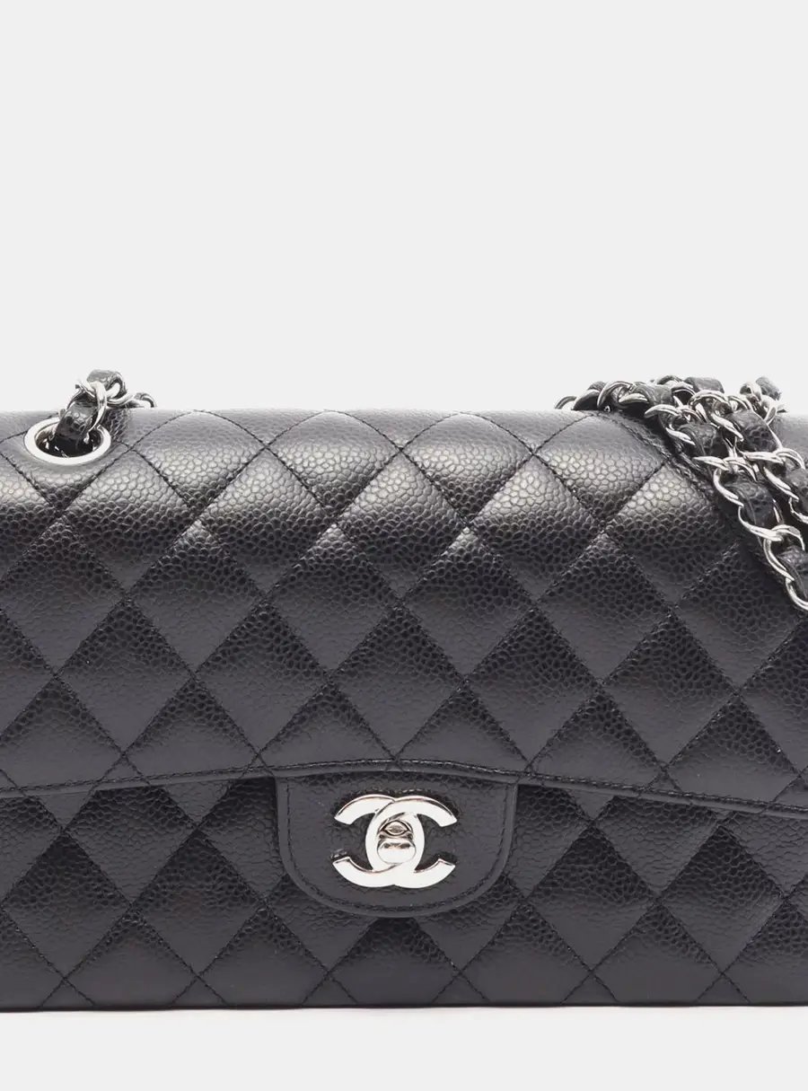 Chanel Classic Double Flap Black Grained Calfskin Leather Shoulder Bag