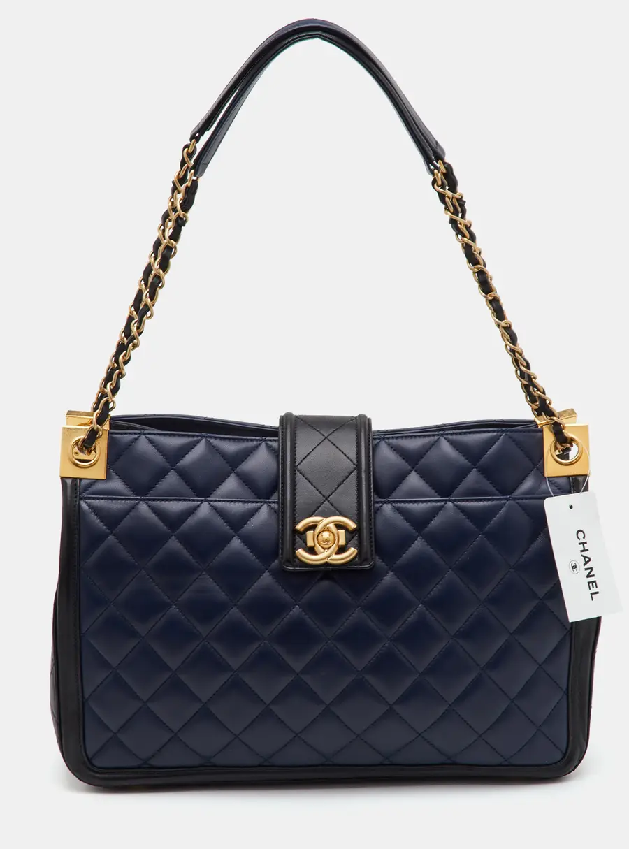 Chanel Elegant CC Navy Blue/Black Quilted Leather Shopping Tote