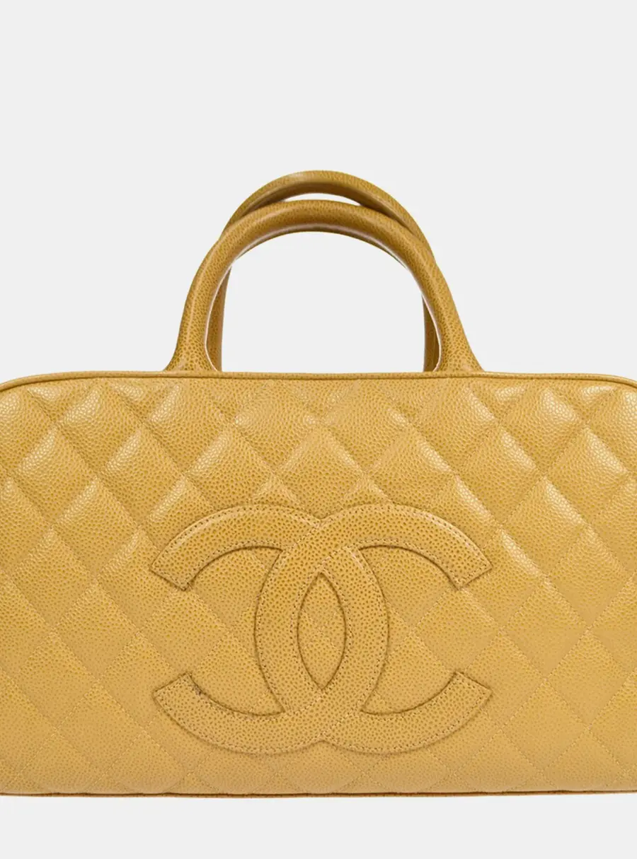 Chanel Timeless CC Quilted 37 Beige Caviar Leather Top Handle Bowling Bag