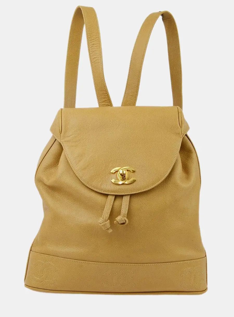 Chanel Vintage 1995 Triple CC Beige Caviar Skin Leather Backpack Bag