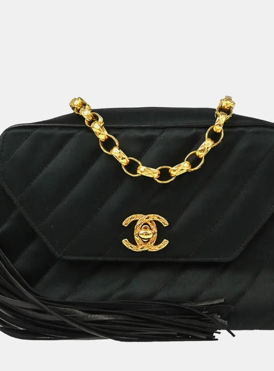 Chanel Vintage Mini Black Satin Quilted Tassel Flap Camera Bag