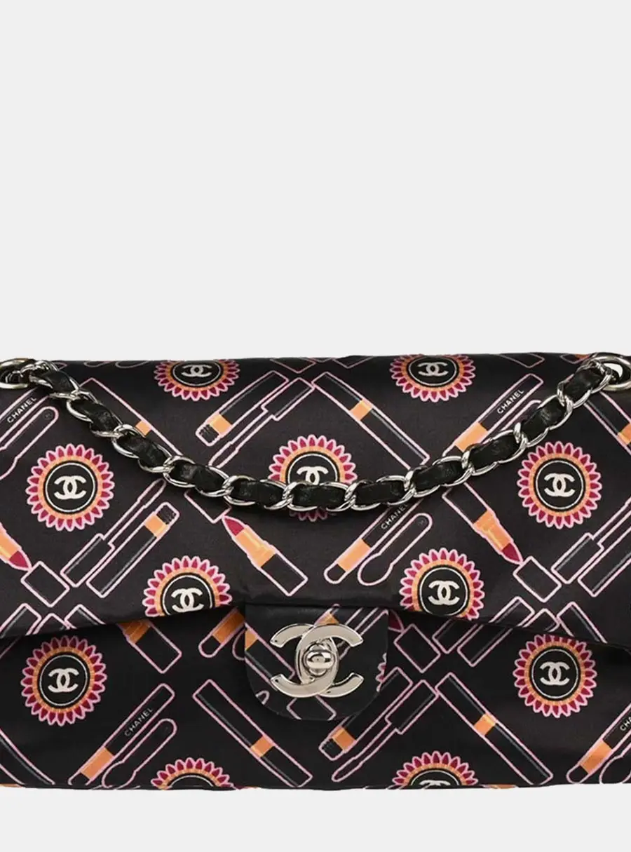 Chanel Lipstick Classic Medium Black Multicolor Satin Single Flap Shoulder Bag