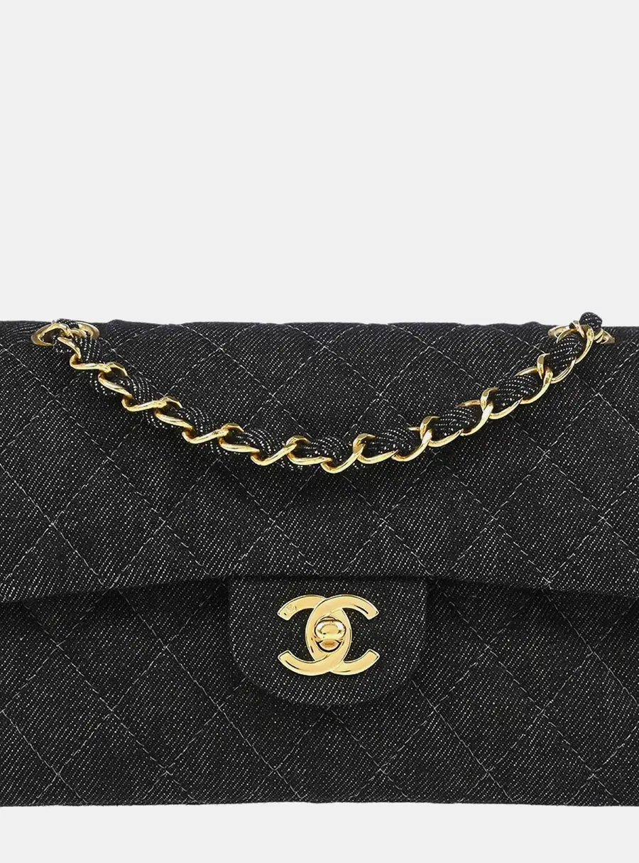 Chanel Classic Double Flap Small Black Denim Shoulder Bag