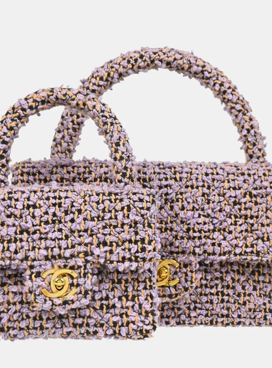 Chanel Vintage Classic Single Flap 2 in 1 Purple Orange Tweed Top Handle Bag Set