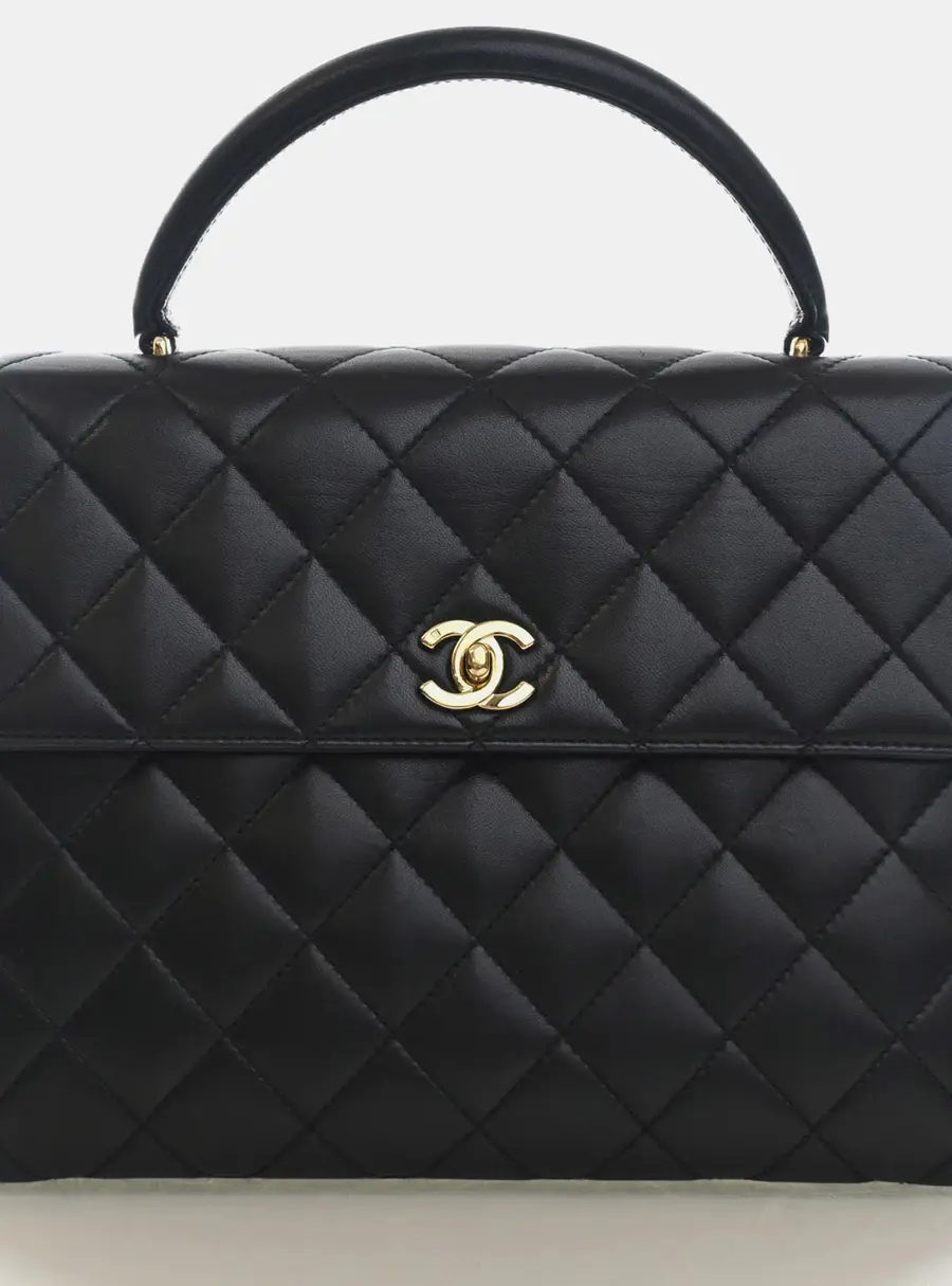 Chanel Vintage Kelly Large Black Lambskin Leather Top Handle Bag