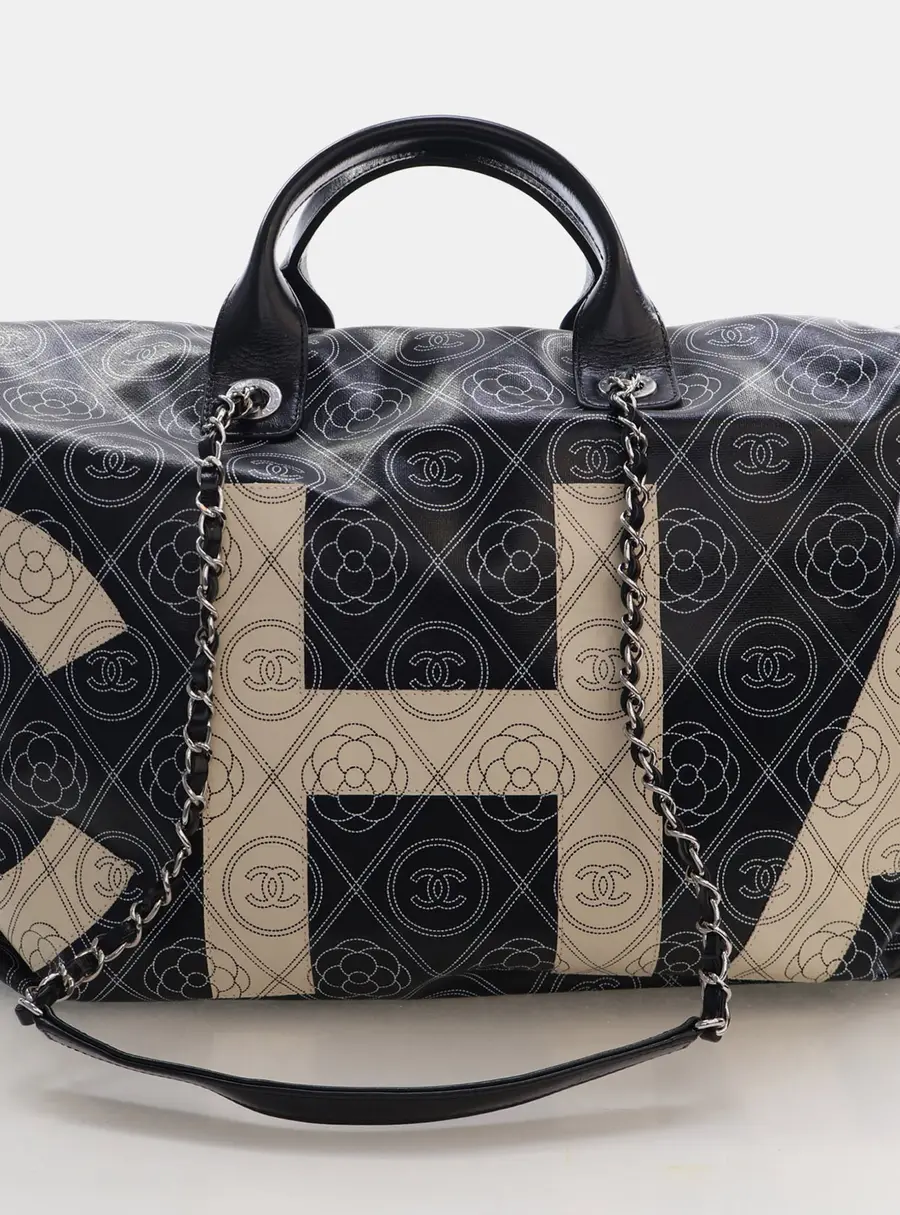 Chanel Camellia Printed 18 Black Coated Canvas Bowling Bag