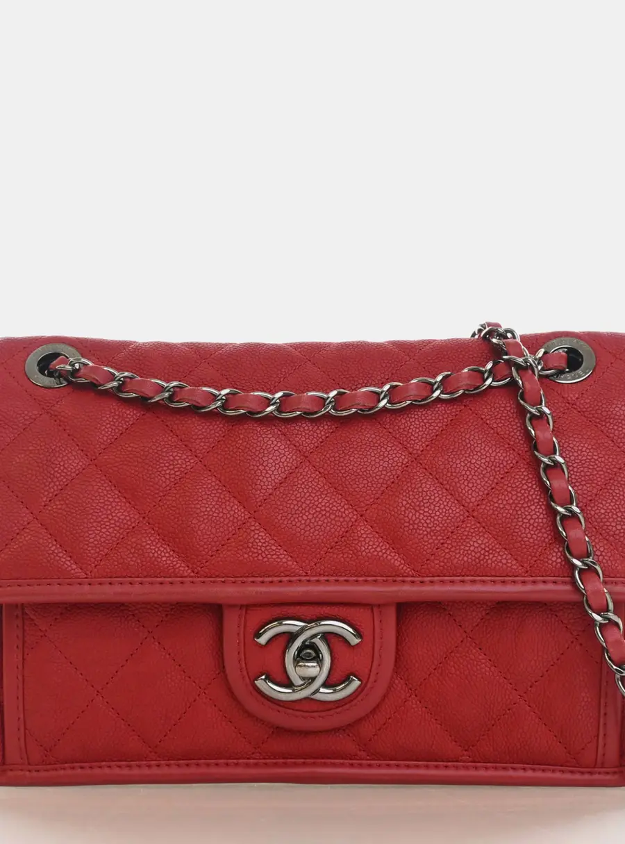 Chanel French Riviera Medium Red Caviar Grained Calfskin Leather Flap Bag