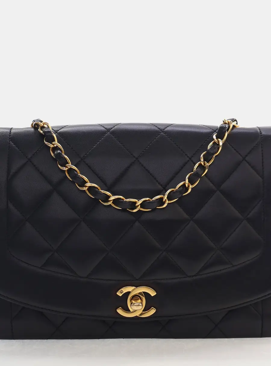 Chanel Vintage Diana Medium Black Lambskin Leather Flap Shoulder Bag