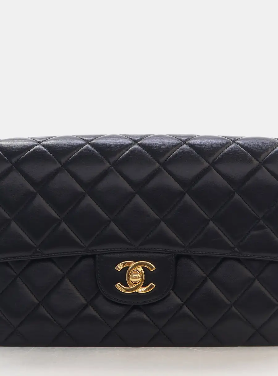 Chanel Vintage Medium Classic Double Sided Flap Black Lambskin Leather Shoulder Bag