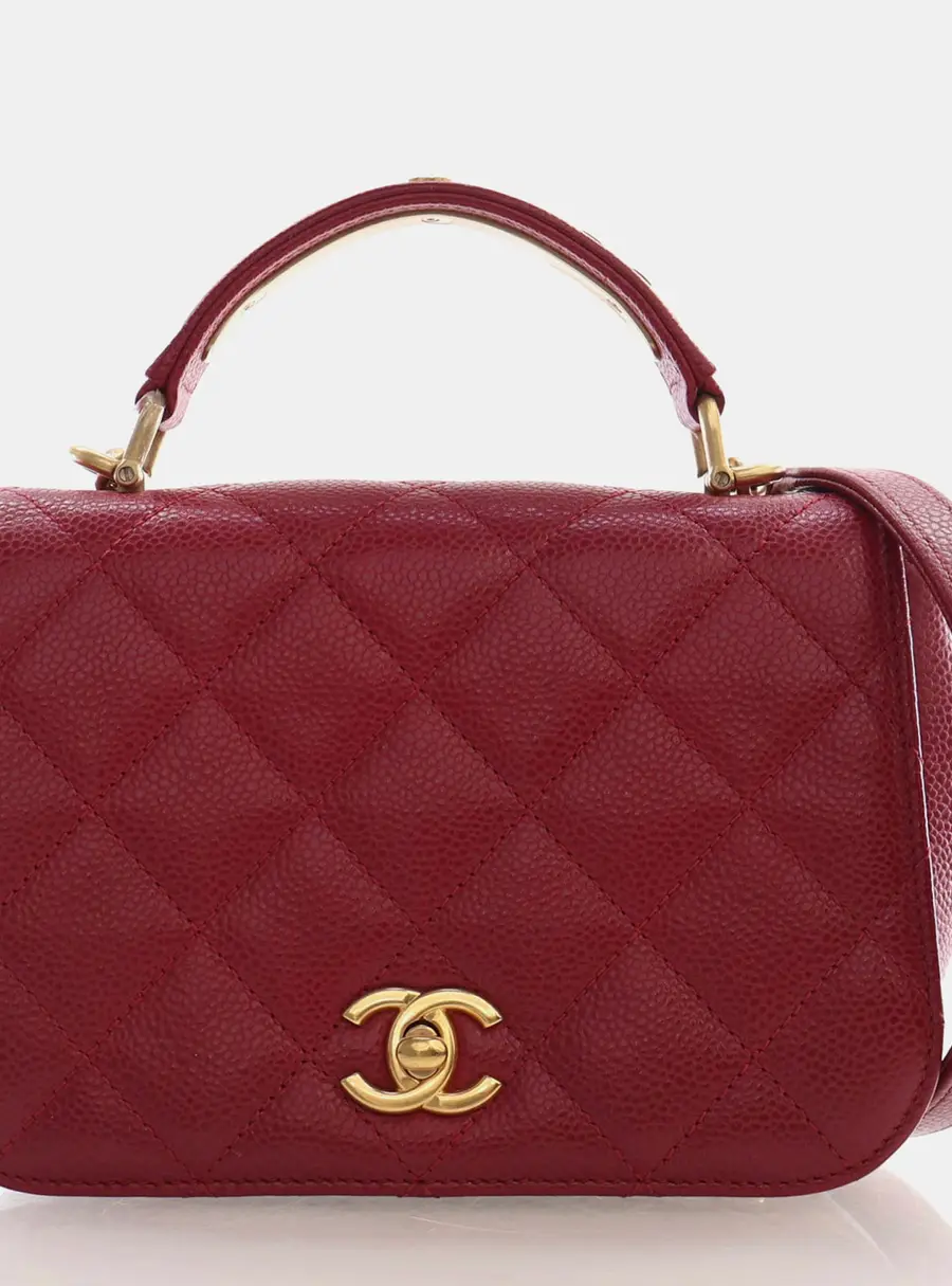 Chanel Mini Red Caviar Leather Top Handle Flap Bag