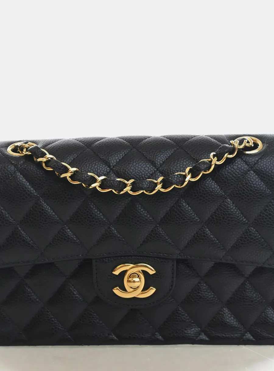 Chanel Small Classic Double Flap Bag Black Grained Calfskin Caviar Leather Gold Tone Handbag