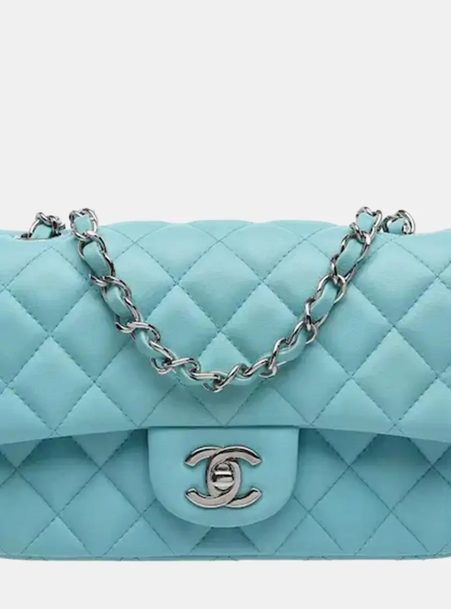 Chanel Classic Mini Rectangular Light Blue Lambskin Silver Metal Flap Shoulder Bag