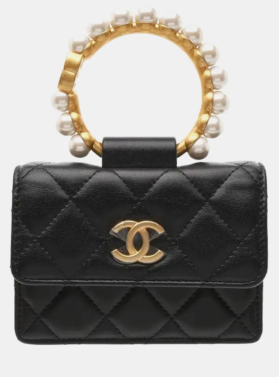 Chanel Pearl Handle Flap Chain Black Lambskin Leather Wallet Bag