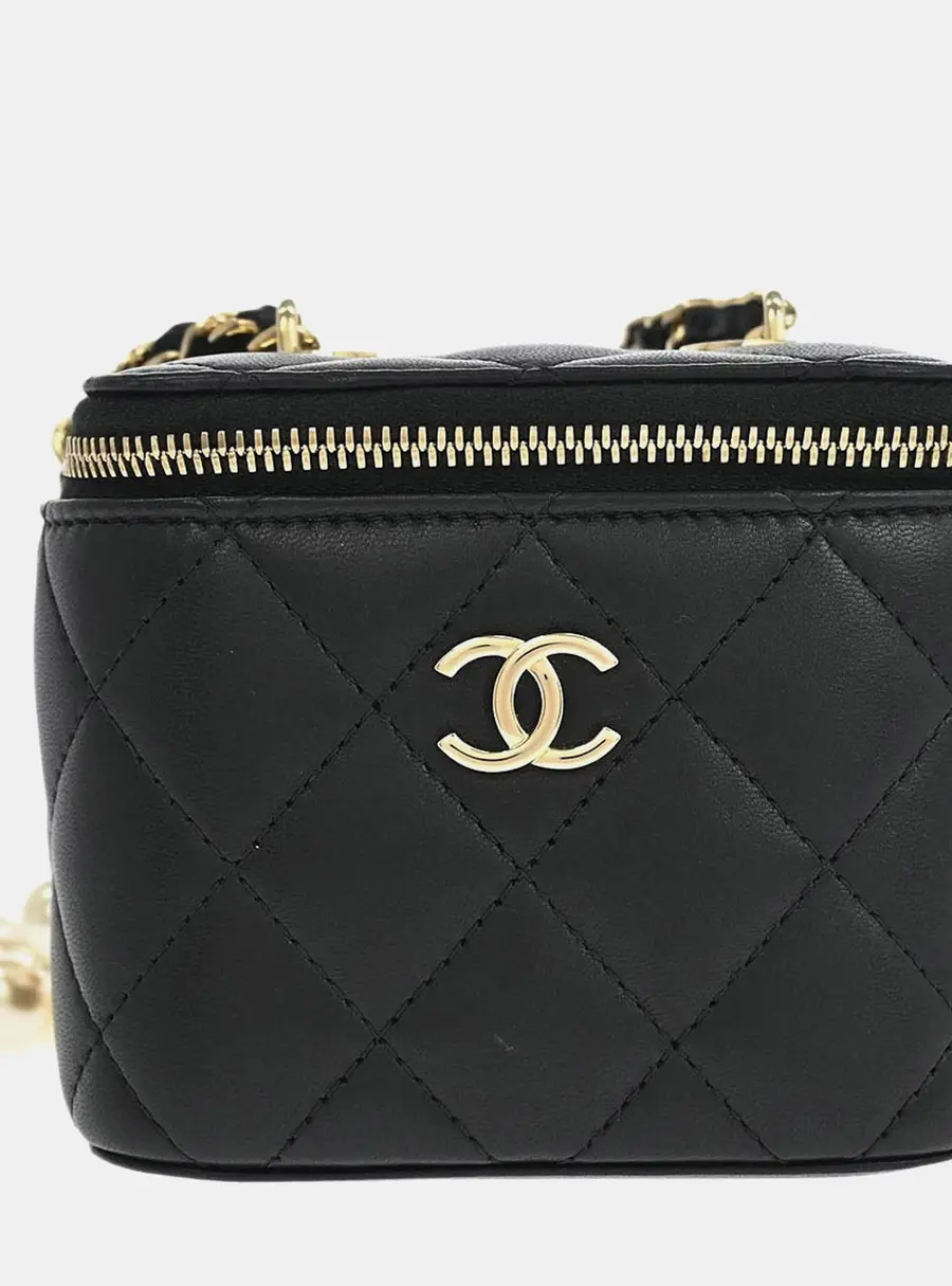Chanel Classic Vanity Case With Pearl Chain Quilted Lambskin Mini Black Shoulder Bag