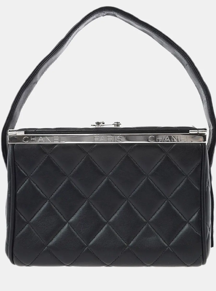 Chanel Vintage Quilted Karl Lagerfeld Metal Frame Small Black Lambskin Leather Top Handle Bag