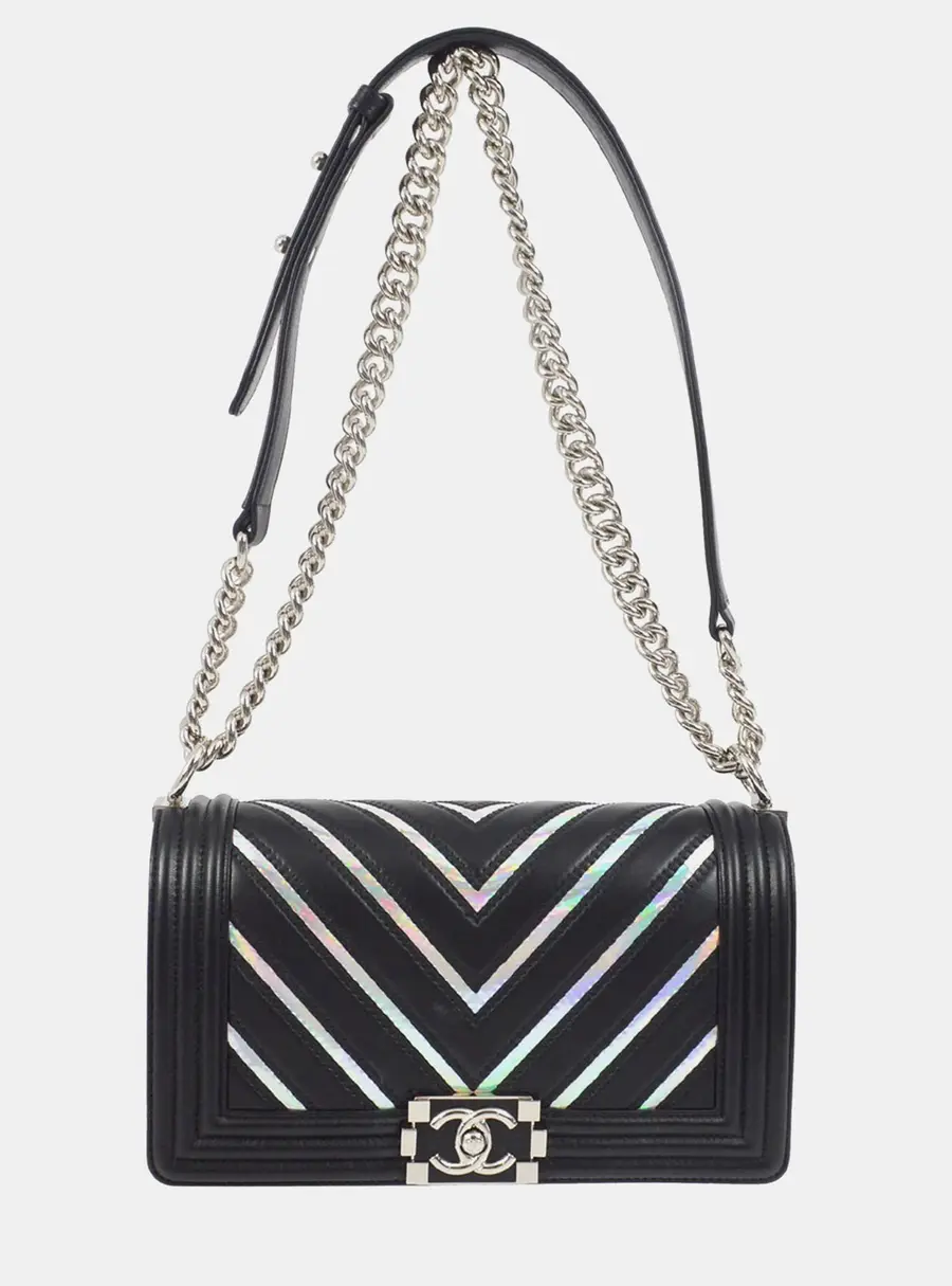 Chanel Boy Medium Black Lambskin Leather Holographic PVC Shoulder Bag
