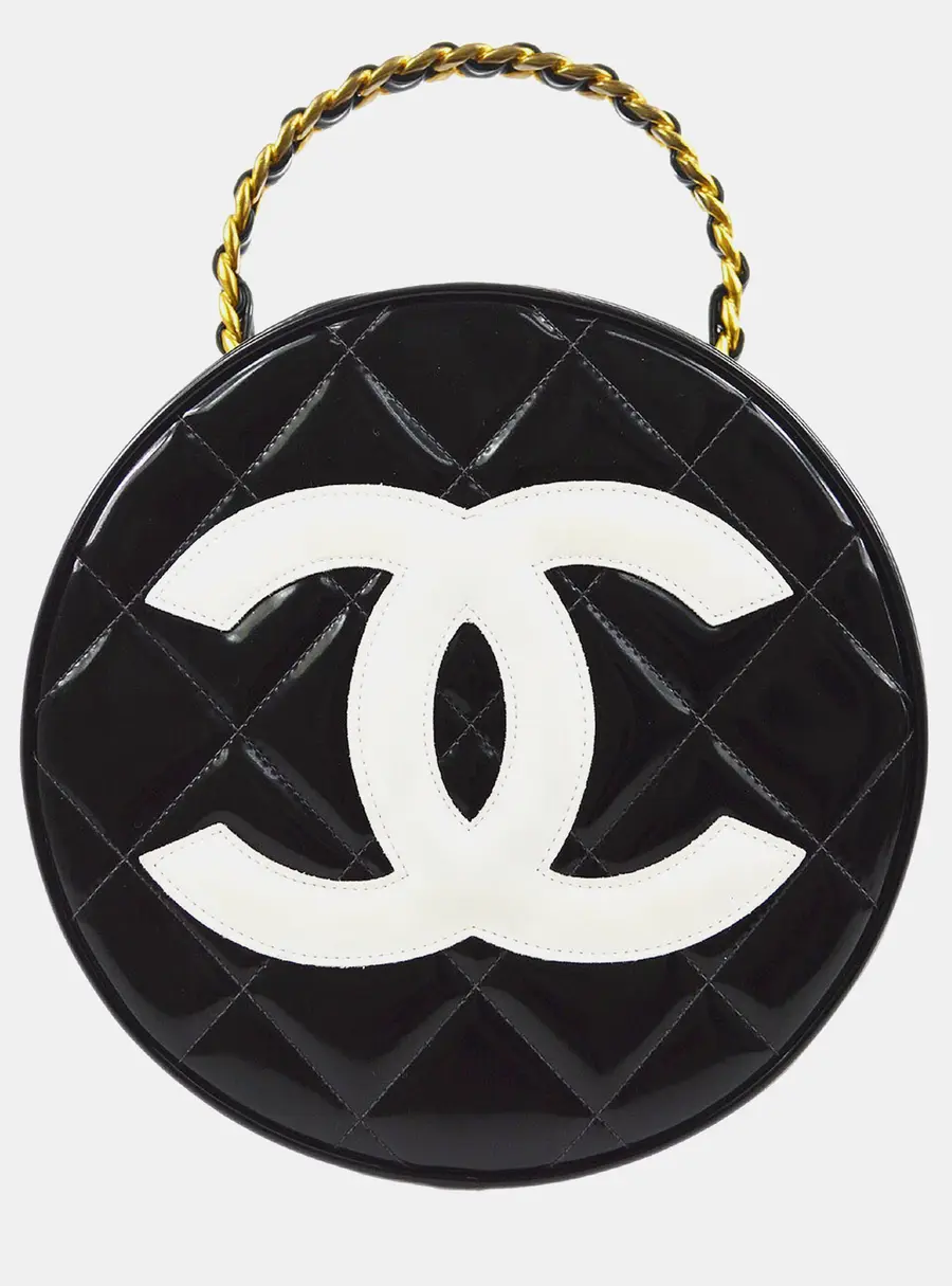 Chanel Round Vanity 1995 Black White Patent Leather Top Handle Bag