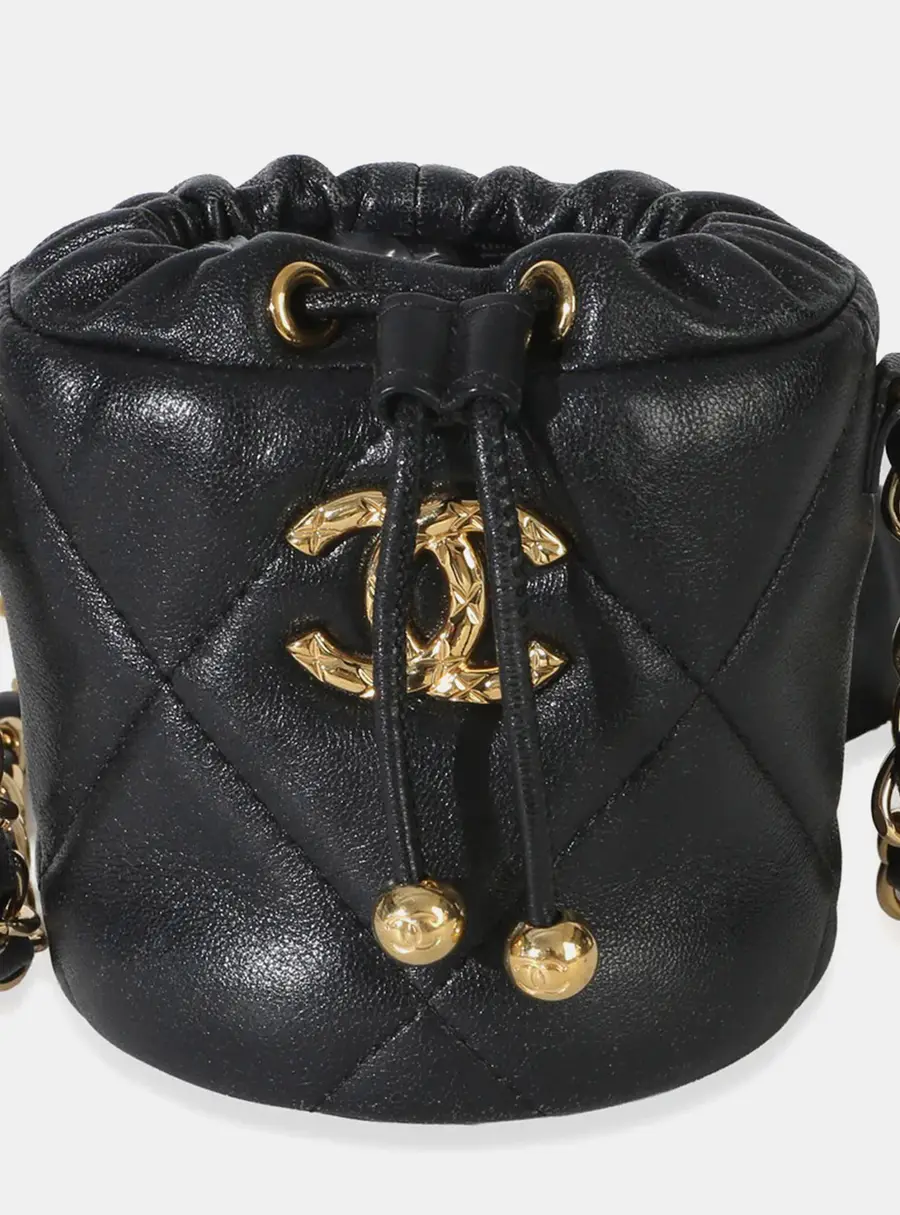 Chanel Quilted Micro Black Lambskin Leather Bucket Bag