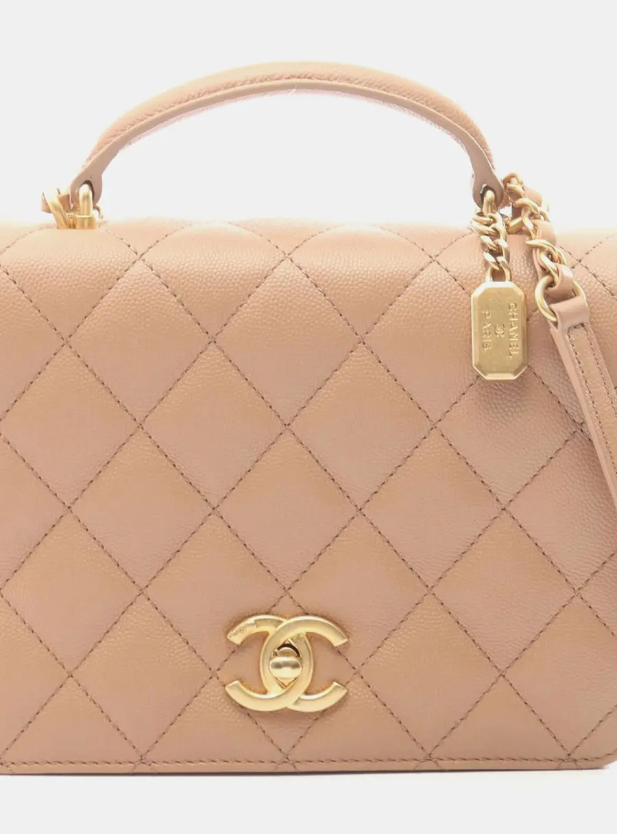 Chanel Matelasse AS4286 Beige Caviar Skin Leather Top Handle Shoulder Bag