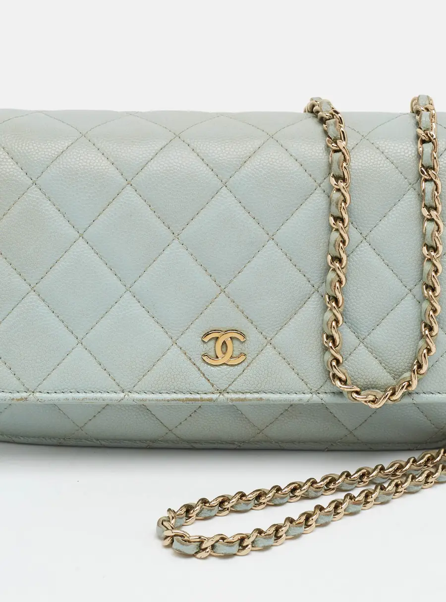 Chanel Classic Light Blue Quilted Caviar Leather Wallet On Chain