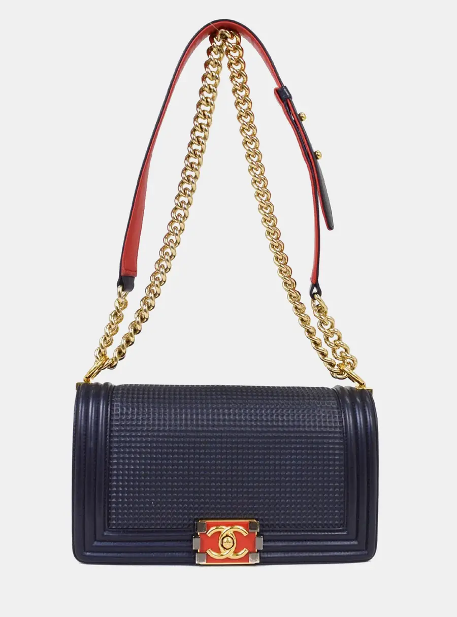 Chanel Boy Medium Navy Cube Embossed Lambskin Leather Shoulder Bag