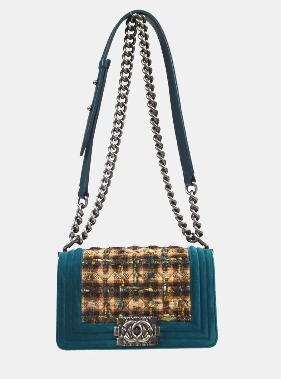 Chanel Boy Small Blue/Green Velvet Multicolor Tweed Shoulder Bag