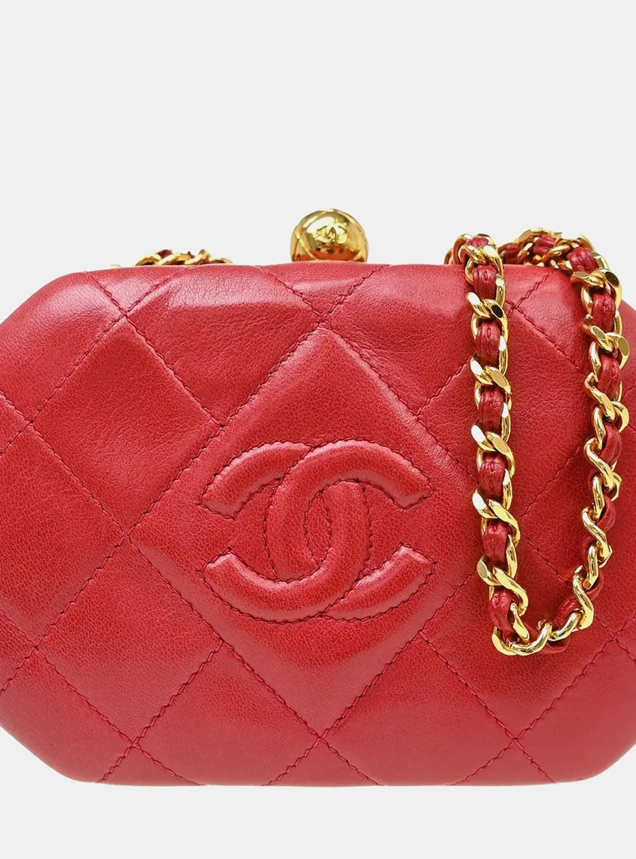 Chanel Kiss Lock Mini Red Quilted Lambskin Leather Clutch Bag