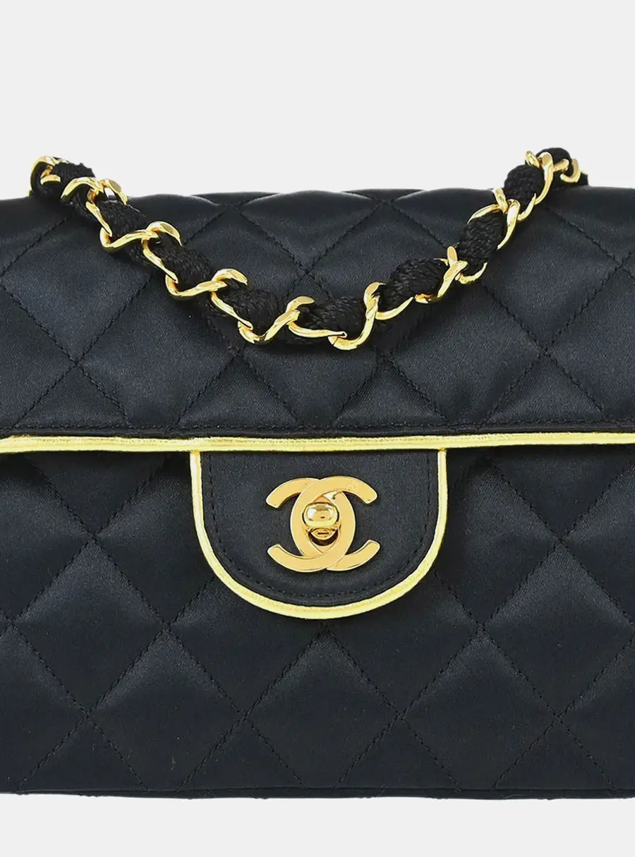 Chanel Vintage Classic Mini Square Black Quilted Satin Gold Piping Single Flap Bag
