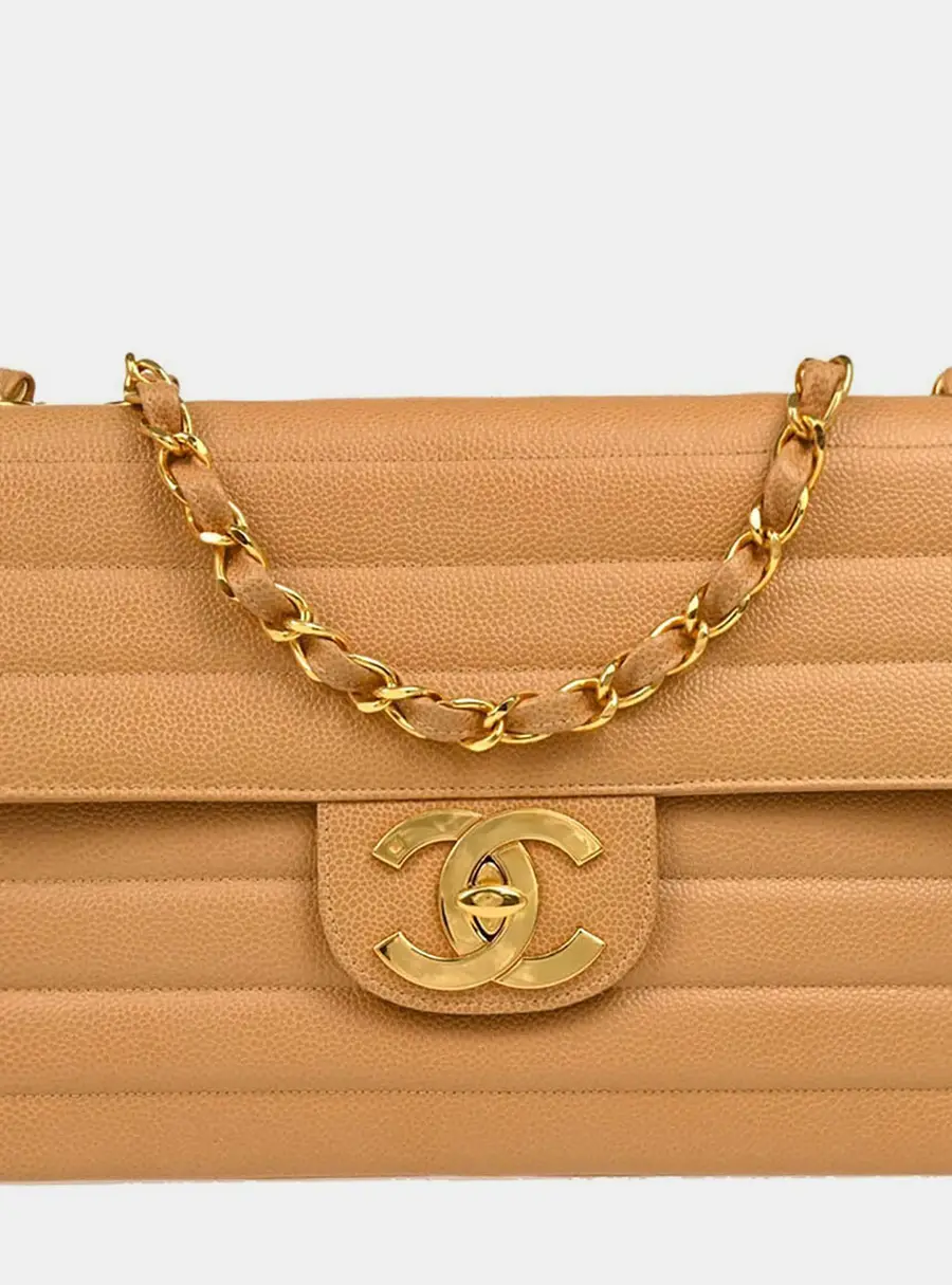 Chanel Vintage Horizontal Quilted Jumbo Beige Caviar Leather Single Flap Bag