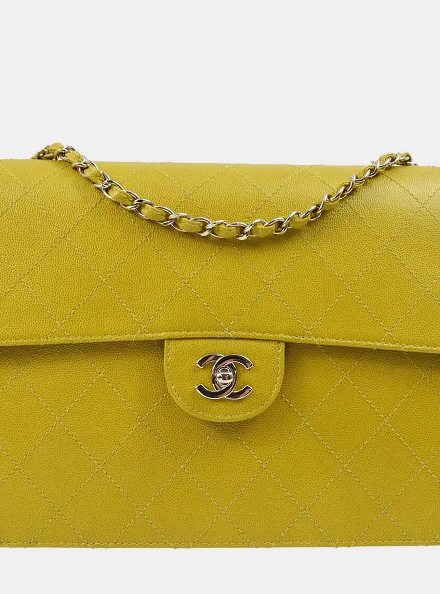 Chanel Single Flap Large Yellow Green Caviar Skin Leather Shoulder Bag