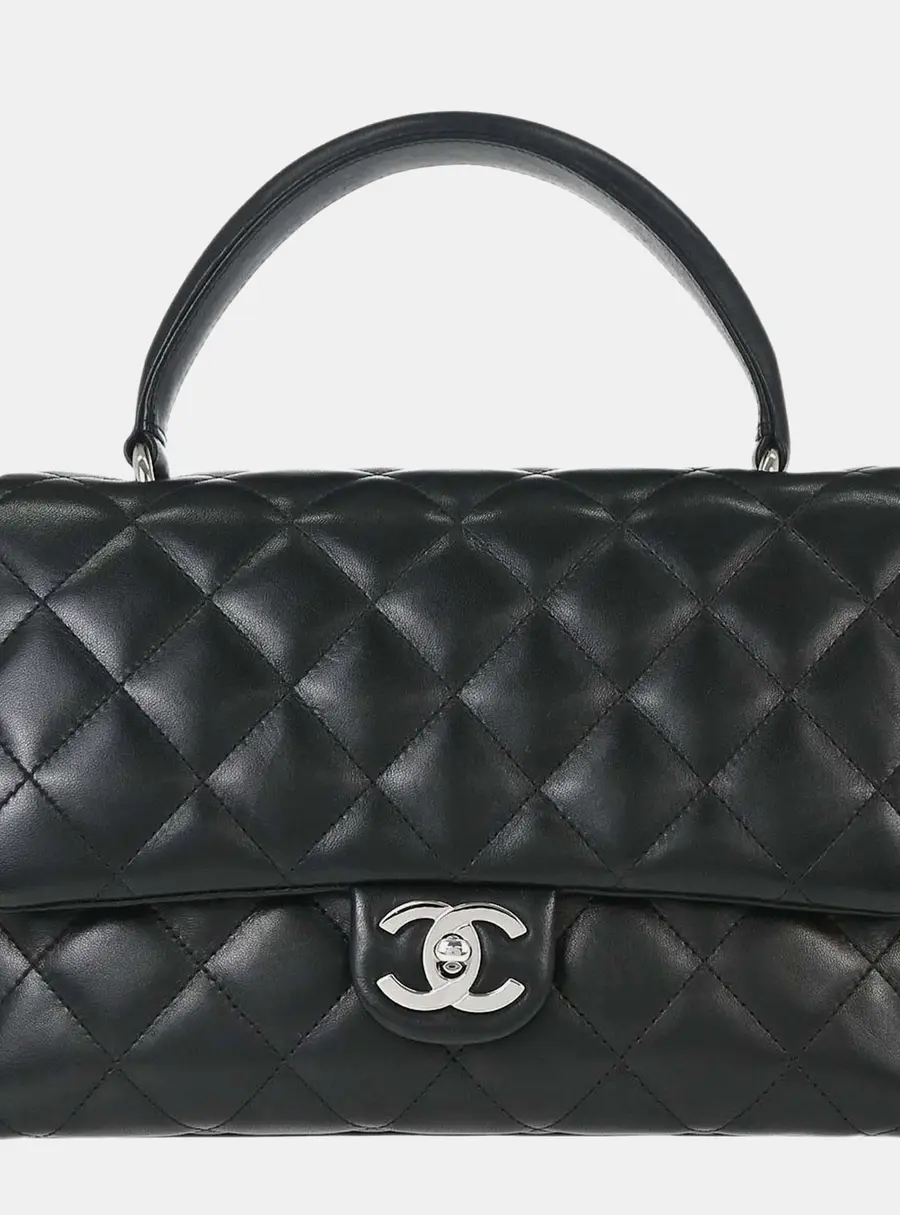 Chanel Quilted Lambskin Medium Black Top Handle Flap Satchel Bag