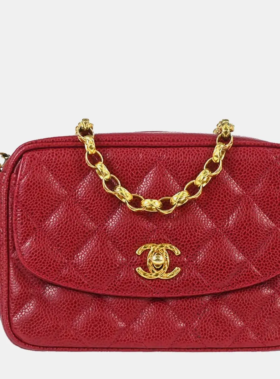 Chanel Vintage Red Caviar Skin Grained Leather Mini Camera Crossbody Bag