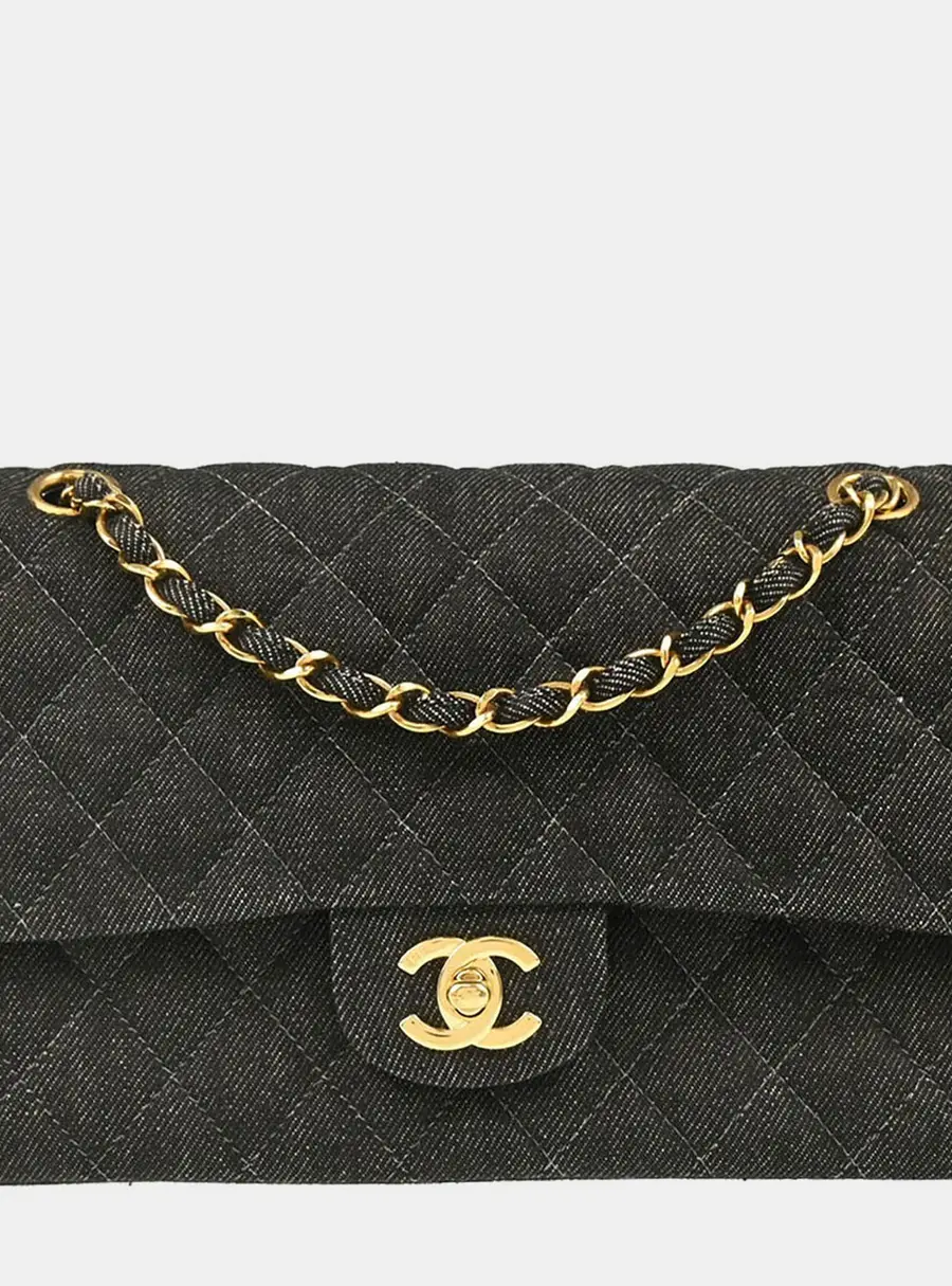 Chanel Classic Double Flap Medium Black Denim Shoulder Bag