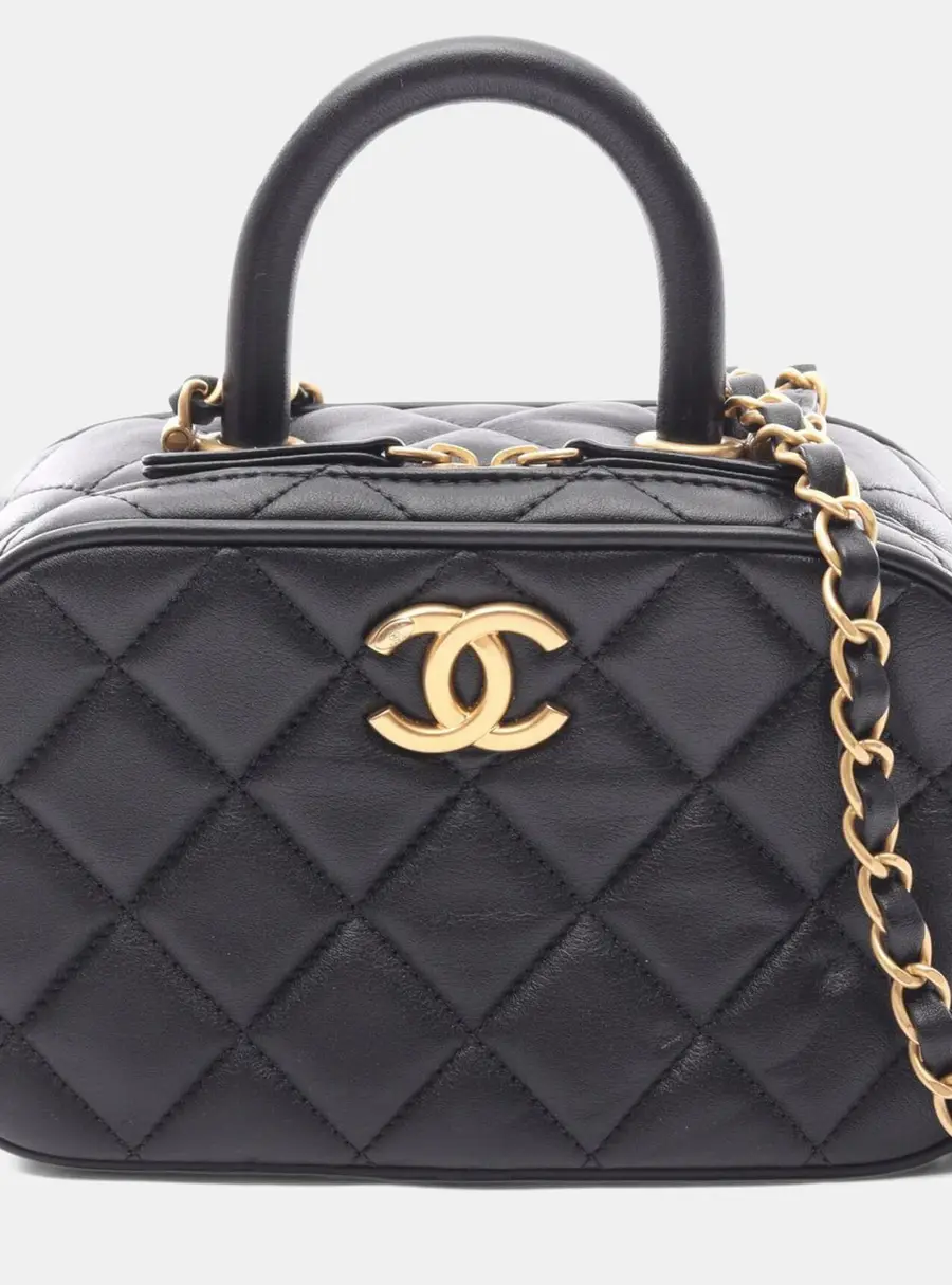 Chanel Matelasse Mini Black Lambskin Leather Top Handle Bowling Bag