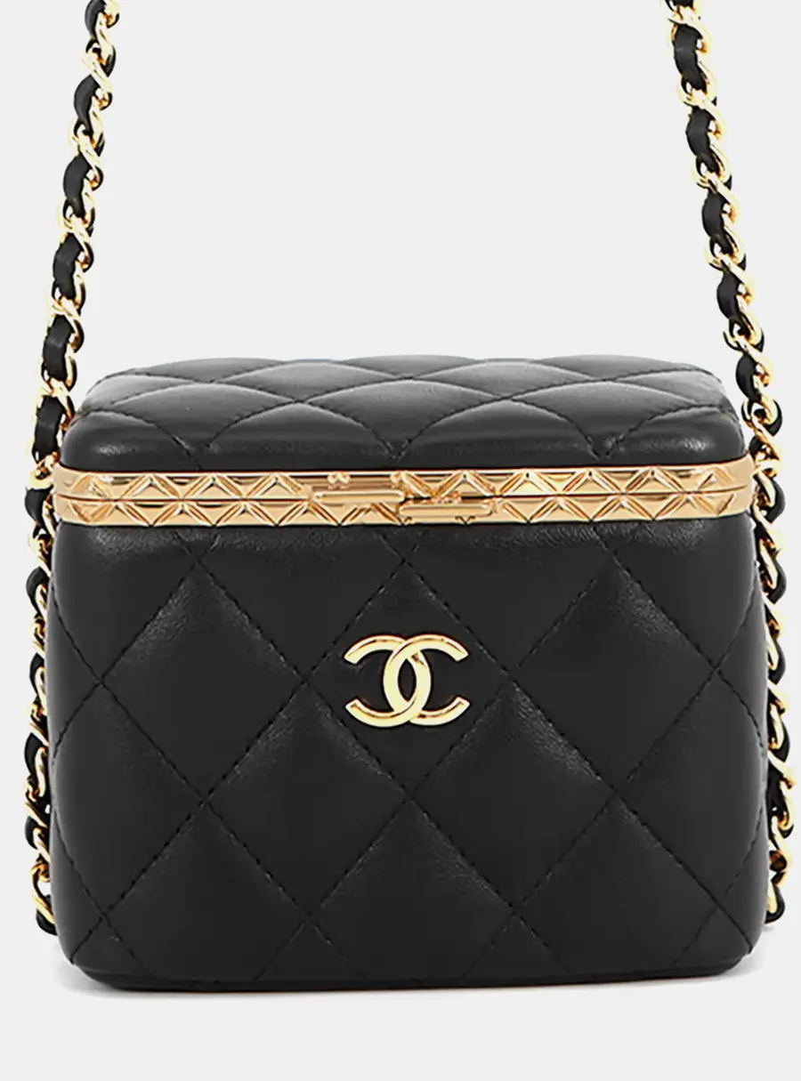 Chanel Matelasse Small Black Lambskin Leather Metal Lock Frame Vanity Chain Shoulder Bag
