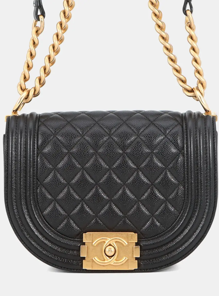 Chanel Boy Curved Small Black Quilted Caviar Leather Messenger Bag