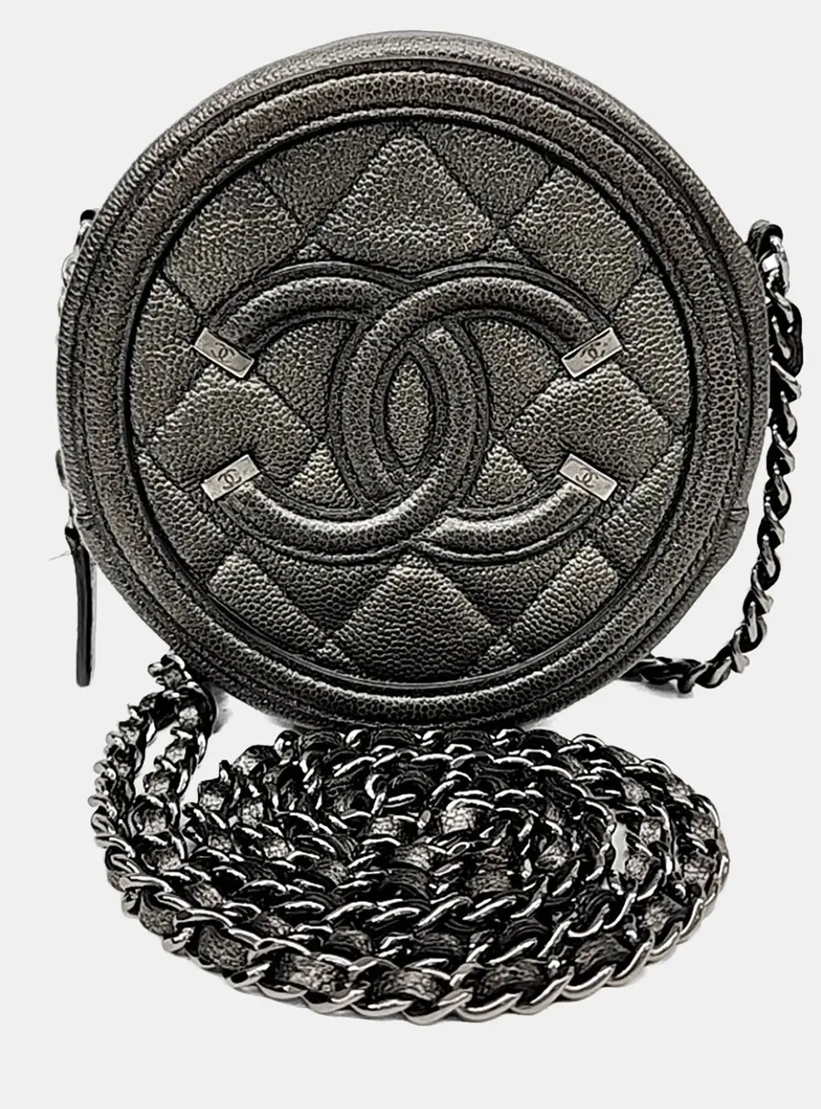 Chanel Grey Caviar Round Mini Crossbody Bag