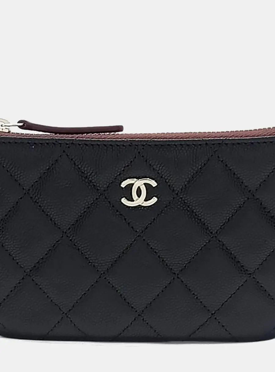 Chanel Zip Black Grained Calfskin Leather Pouch Bag