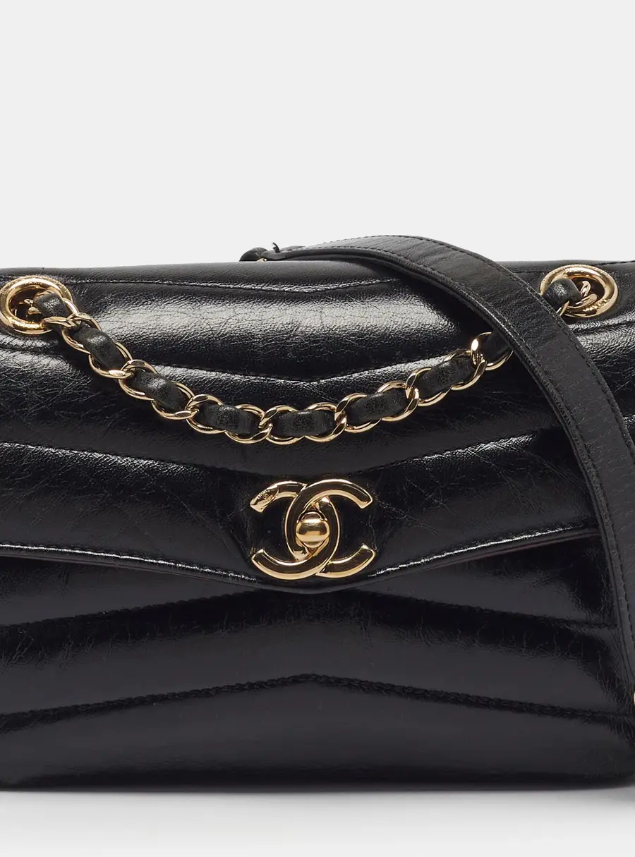 Chanel Miroir Flap Small Black Chevron Leather Bag