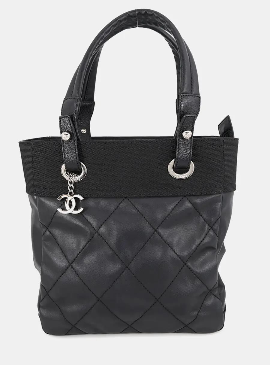 Chanel Paris-Biarritz Tote Bag Black Pvc Leather Size Pm